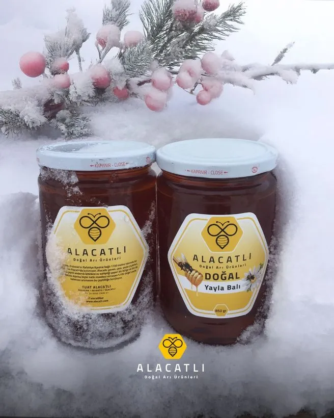 Kar üzerinde iki kavanoz doğal yayla balı